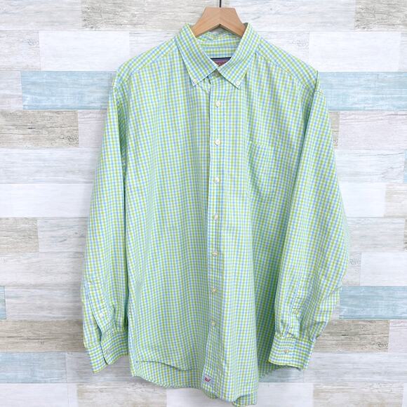 Vineyard Vines Murray Long Sleeve Shirt Green Blue Plaid Cotton Preppy Mens XL
